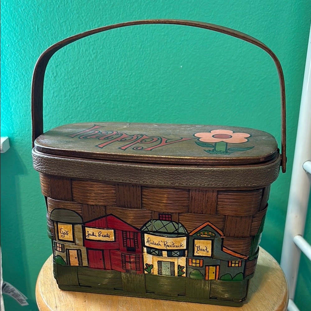 Handcrafted Brown Basket with Colorful House Design
